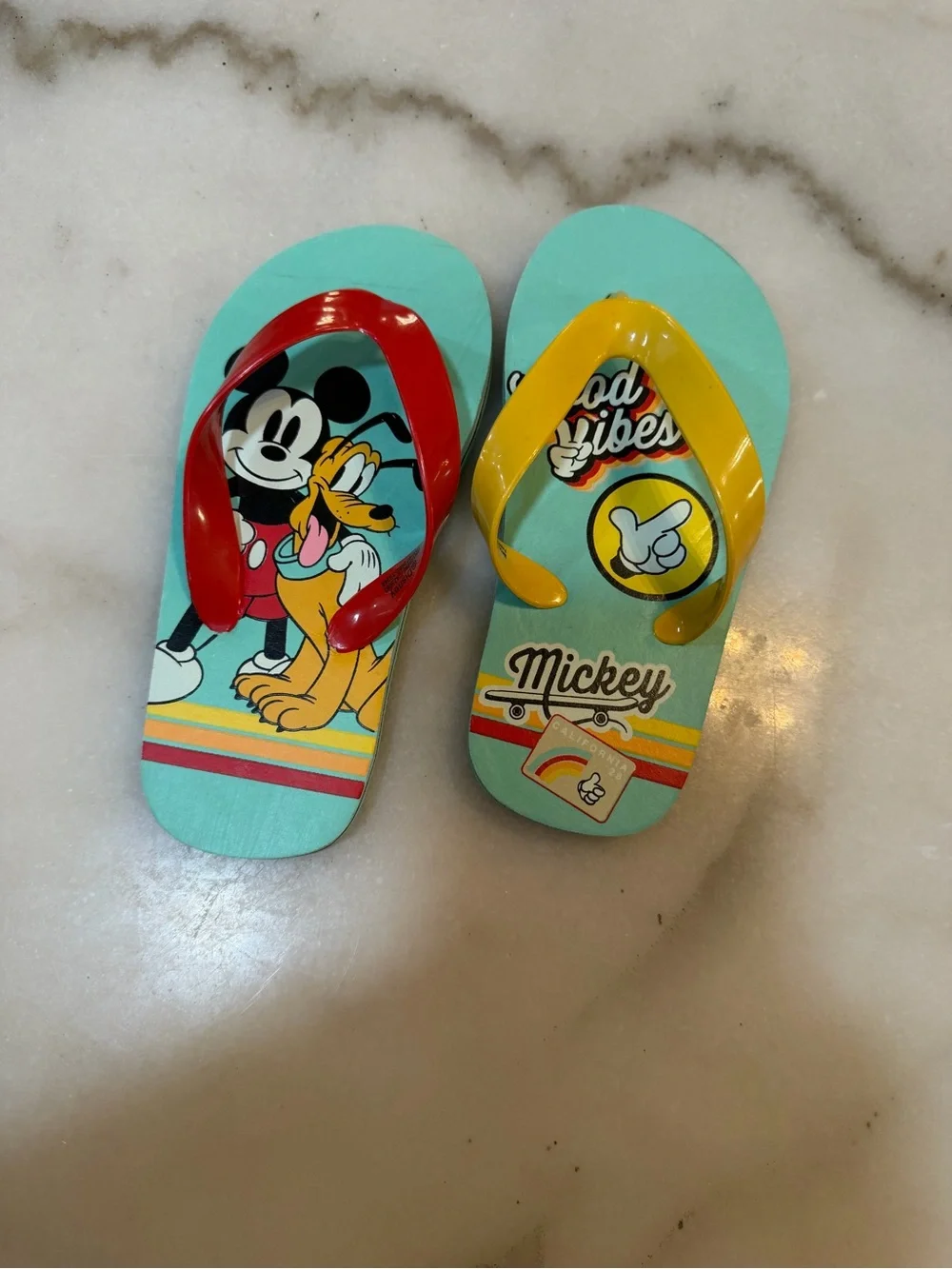 Disney Kids Mickey & Pluto Aqua Flip Flops with Red and Yellow Straps